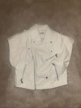 White Faux Leather Sleeveless Moto Jacket